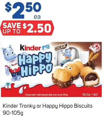 Foodland Kinder Tronky or Happy Hippo Biscuits 90-105g offer