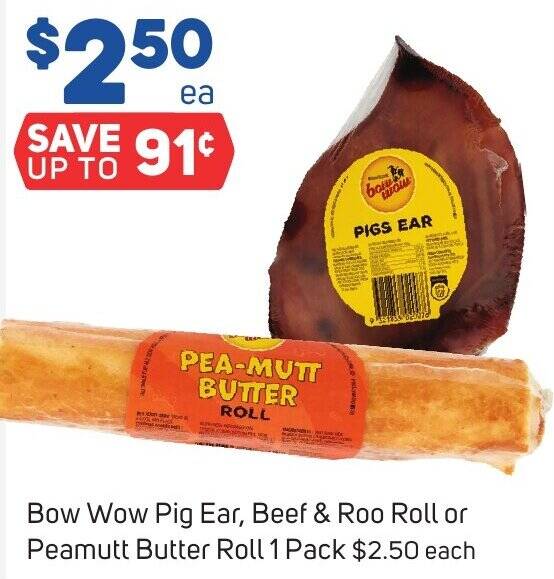 Bow Wow Pig Ear, Beef & Roo Roll or Peamutt Butter Roll 1 Pack offer at