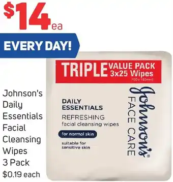 Foodland Johnson's Daily Essentials Facial Cleansing Wipes 3 Pack offer