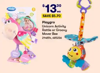 BIG W Playgro Unicorn Activity Rattle or Groovy Mover Bee offer