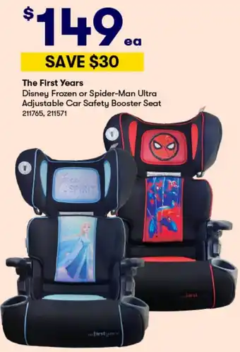 BIG W The First Years Disney Frozen or Spider-Man Ultra Adjustable Car Safety Booster Seat offer