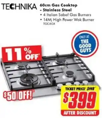 The Good Guys TECHNIKA 60cm Gas Cooktop - Stainless Steel offer