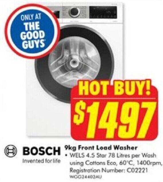 BOSCH 9kg Front Load Washer offer at The Good Guys