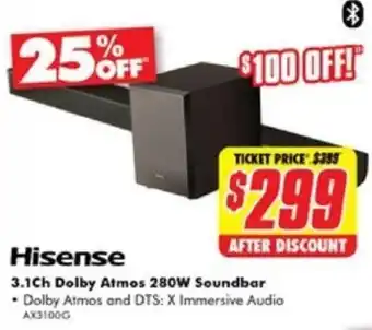 The Good Guys Hisense 3.1Ch Dolby Atmos 280W Soundbar offer
