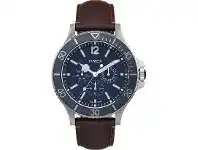 Bevilles Jewellery Timex Men's Harborside 43mm Silver-tone Case Blue Dial Brown Leather Strap offer