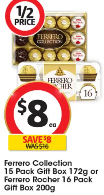 Coles Ferrero Collection 15 Pack Gift Box 172g or Ferrero Rocher 16 Pack Gift Box 200g offer