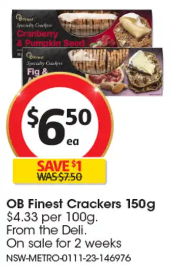 Coles OB Finest Crackers 150g offer
