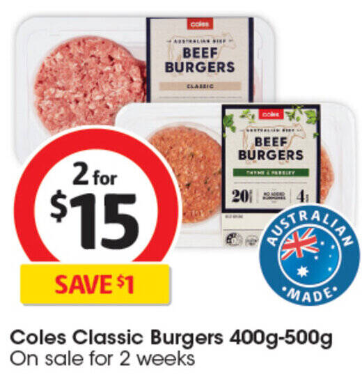 Coles Classic Burgers 400g500g offer at Coles