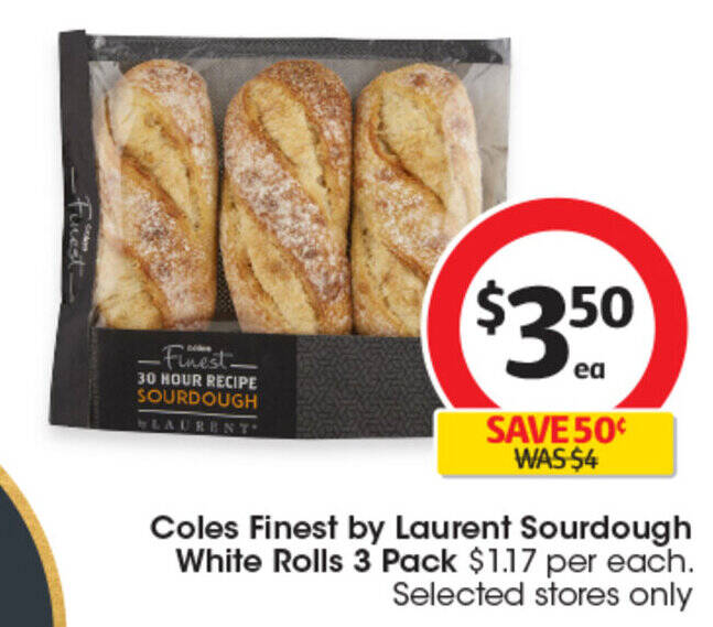 Coles Finest by Laurent Sourdough White Rolls 3 Pack offer at Coles