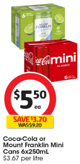 Coles Coca-Cola or Mount Franklin Mini Cans 6x250mL offer