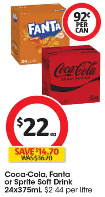 Coles Coca-Cola, Fanta or Sprite Soft Drink 24x375mL offer