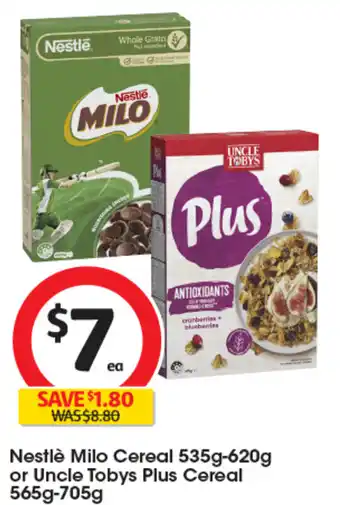 Coles Nestlè Milo Cereal 535g-620g or Uncle Tobys Plus Cereal 565g-705g offer