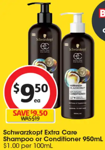 Coles Schwarzkopf Extra Care Shampoo or Conditioner 950mL offer