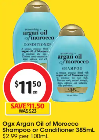 Coles Ogx Argan Oil of Morocco Shampoo or Conditioner 385mL offer