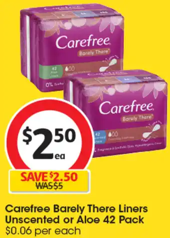 Coles Carefree Barely There Liners Unscented or Aloe 42 Pack offer