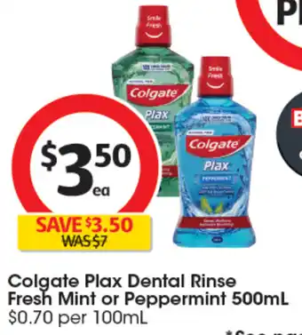 Coles Colgate Plax Dental Rinse Fresh Mint or Peppermint 500mL offer