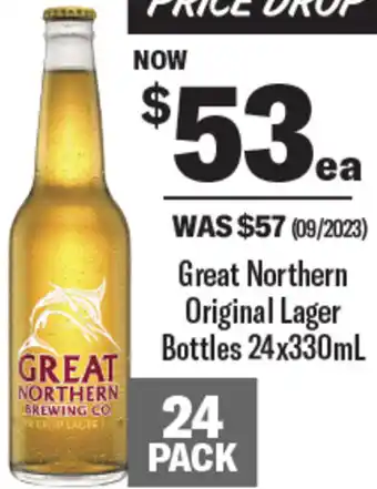 Coles Great Northern Original Lager Bottles 24x330mL offer