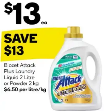 Woolworths Biozet Attack Plus Laundry Liquid 2 Litre or Powder 2 kg offer