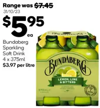 Woolworths Bundaberg Sparkling Soft Drink 4 x 375ml offer