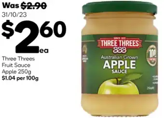 Woolworths Three Threes Fruit Sauce Apple 250g offer