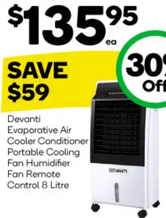 Devanti Evaporative Air Cooler Conditioner Portable Cooling Fan Humidifier Fan Remote Control 8 Litre