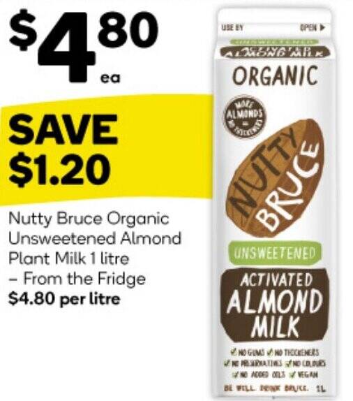 Nutty Bruce Organic Unsweetened Almond Plant Milk 1 litre offer at