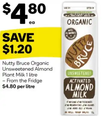 Woolworths Nutty Bruce Organic Unsweetened Almond Plant Milk 1 litre offer