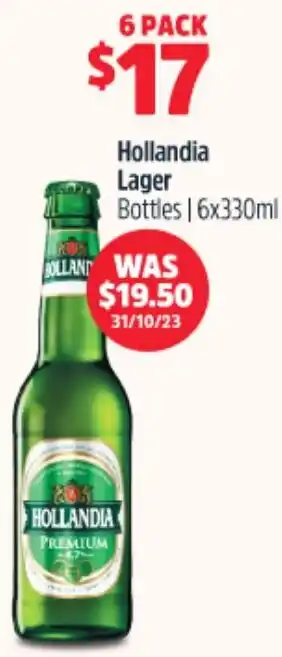 Woolworths Hollandia Lager Bottles 6x330ml offer
