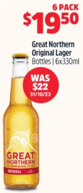 Woolworths Great Northern Original Lager Bottles 6x330ml offer