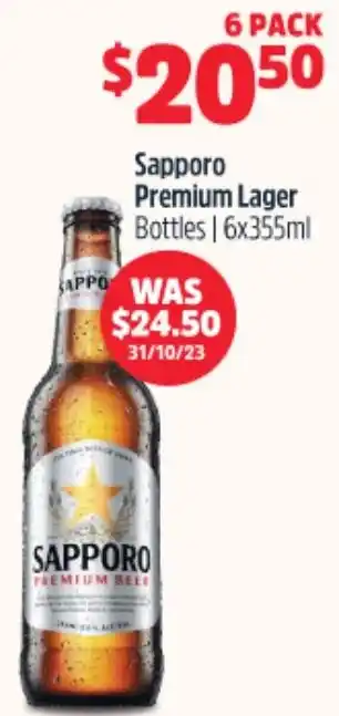 Woolworths Sapporo Premium Lager Bottles 6x355ml offer