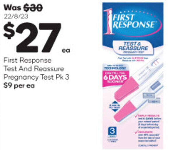 First Response Test And Reassure Pregnancy Test offer at Woolworths