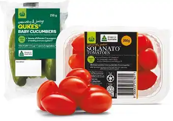Woolworths Australian Sweet Solanatou2122 Tomatoes 200g Punnet or Baby Cucumbers 250g Pack offer