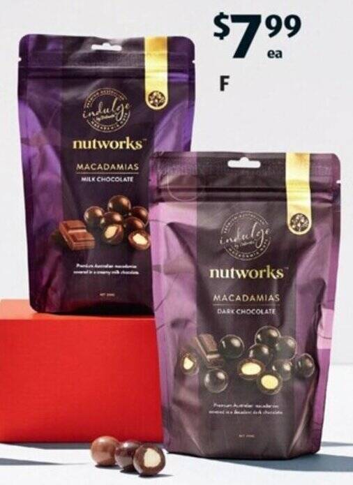 Nutworks Milk Chocolate or Dark Chocolate Coated Macadamias 200g offer at ALDI