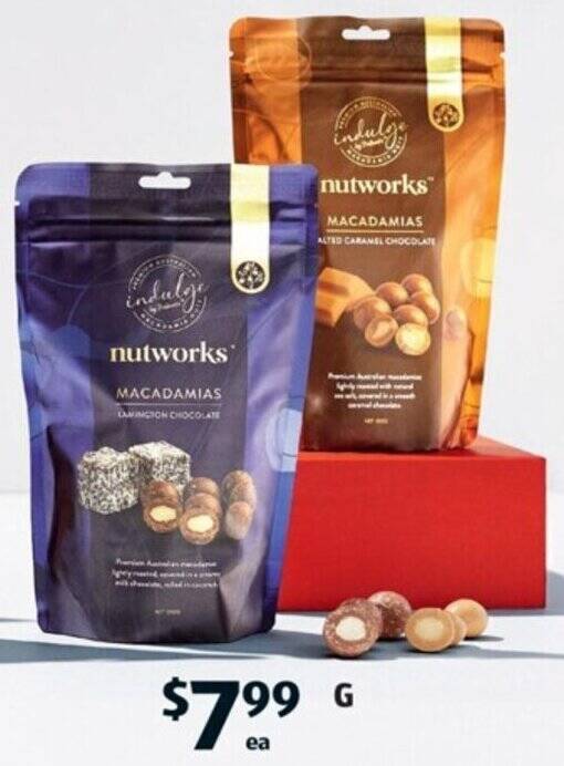 Nutworks Salted Caramel Chocolate or Lamington Milk Chocolate Coated Macadamias 200g offer at ALDI