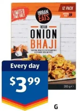 ALDI Urban Eats Onion Bhaji or Spinach Pakora 283g offer