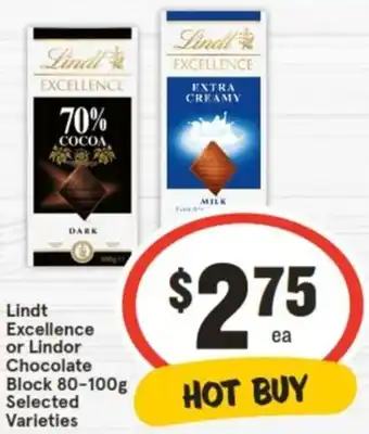 Lindt Excellence or Lindor Chocolate Block 80-100g