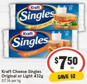 IGA Kraft Cheese Singles Original or Light 432g offer