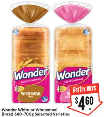 IGA Wonder White or Wholemeal Bread 680-700g offer