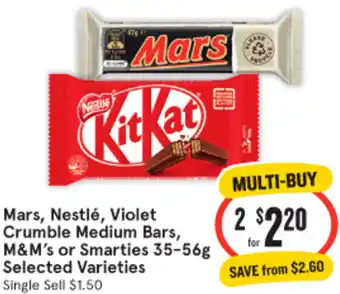 IGA Mars, Nestlé, Violet Crumble Medium Bars, M&M's or Smarties 35-56g offer