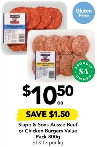 Drakes Slape & Sons Aussie Beef or Chicken Burgers Value Pack 800g offer