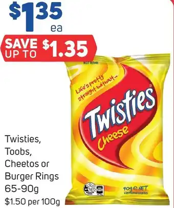 Foodland Twisties, Toobs, Cheetos or Burger Rings 65-90g offer