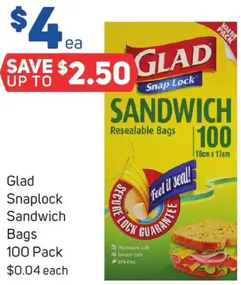Foodland Glad Snaplock Sandwich Bags 100 Pack offer