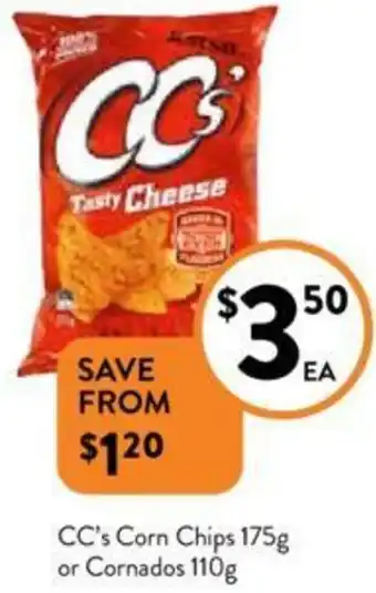 Foodworks CC's Corn Chips 175g or Cornados 110g offer