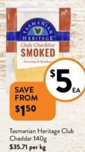 Foodworks Tasmanian Heritage Club Cheddar 140g offer