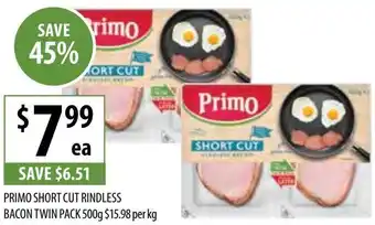 Supabarn PRIMO SHORT CUT RINDLESS BACON TWIN PACK 500g offer