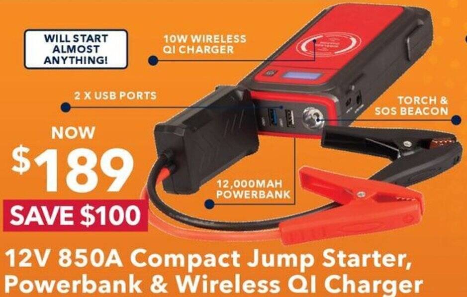 12V 850A Compact Jump Starter, Powerbank & Wireless QI Charger offer at