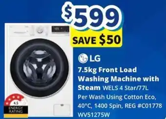 Bi-Rite 7.5kg Front Load Washing Machine with Steam offer