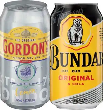 IGA Gordonu2019s Gin & Tonic 4.5% or Bundaberg Rum U.P. & Cola 4.6% Varieties 10 Pack offer