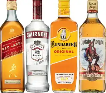 Johnnie Walker Red Label Scotch, Smirnoff Vodka Red Label, Bundaberg Rum U.P or Captain Morgan Spiced Gold 700mL