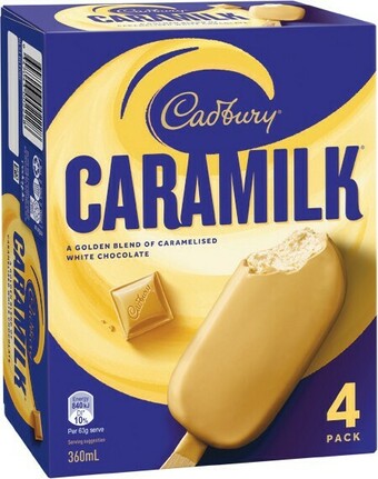 Woolworths Cadbury Caramilk Sticks 360ml Pk 4, Cadbury Bars 300ml or Sticks 360ml Pk 4 – From the Freezer offer